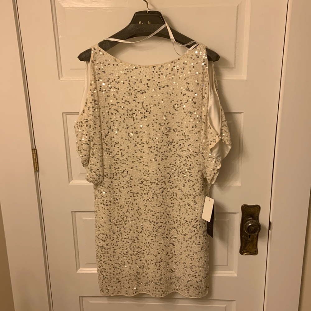 Aidan Mattox ivory sequin mini dress with open sleeves